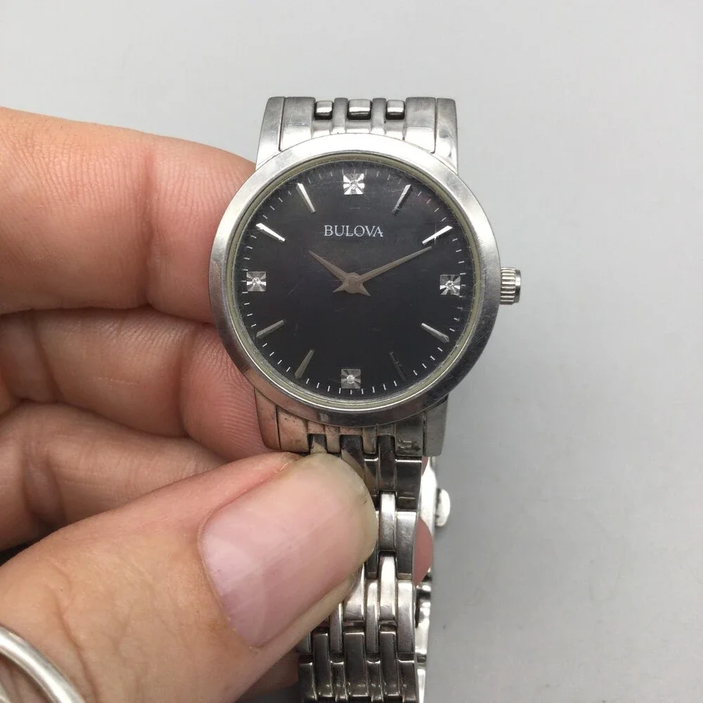 Bulova Womens Watch 27mm Black Dial Stainless Steel B96P148 New Battery 7.5